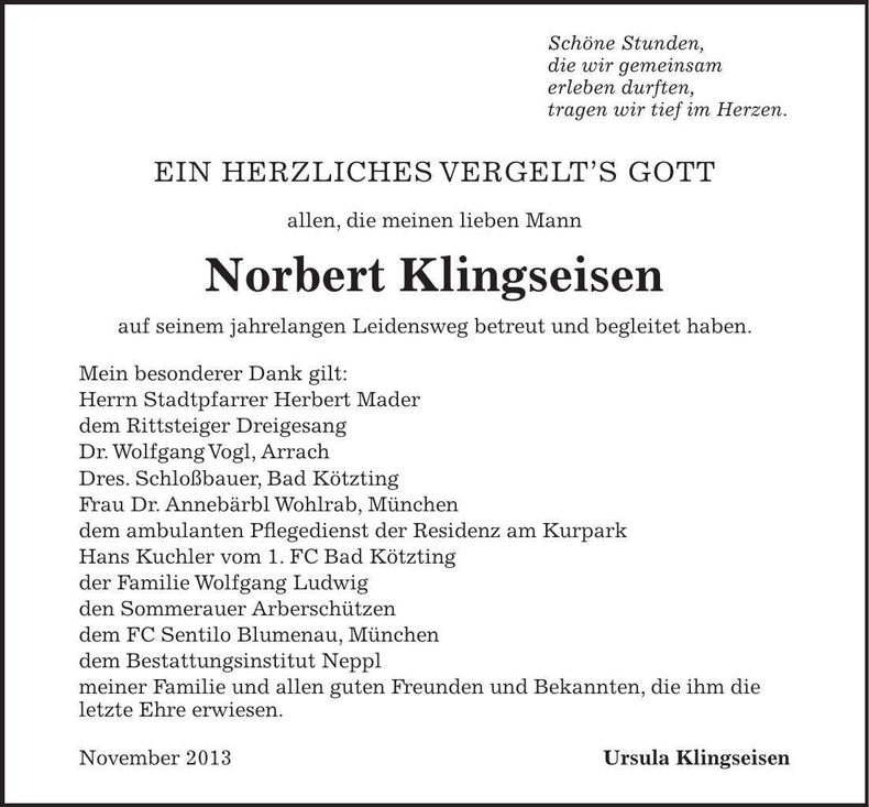 Traueranzeige Norbert Klingseisen