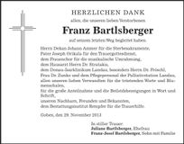 Traueranzeige Franz Bartlsberger