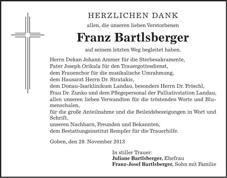 Traueranzeige Franz Bartlsberger