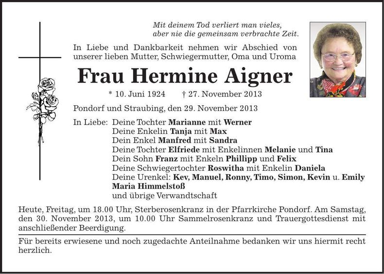 Traueranzeige Hermine Aigner