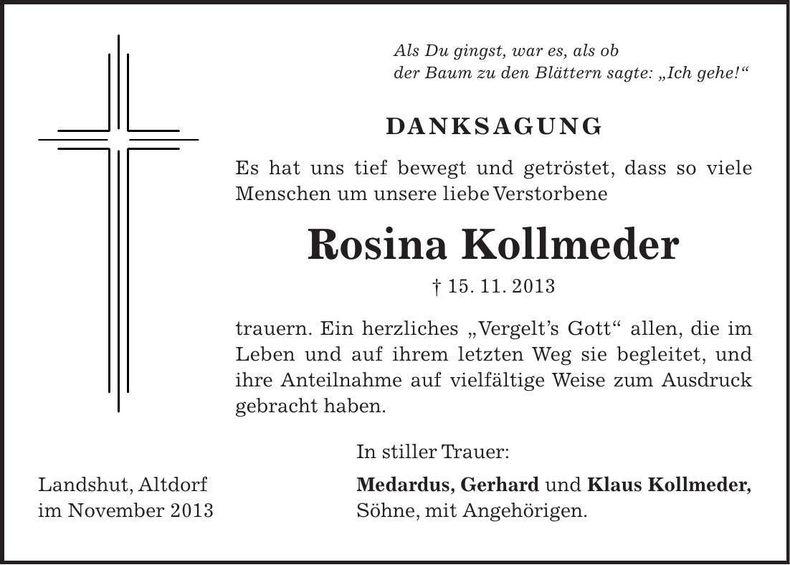 Traueranzeige Rosina Kollmeder