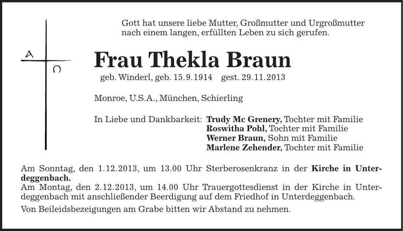 Traueranzeige Thekla Braun