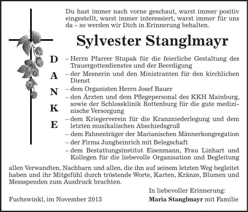 Traueranzeige Sylvester Stanglmayr