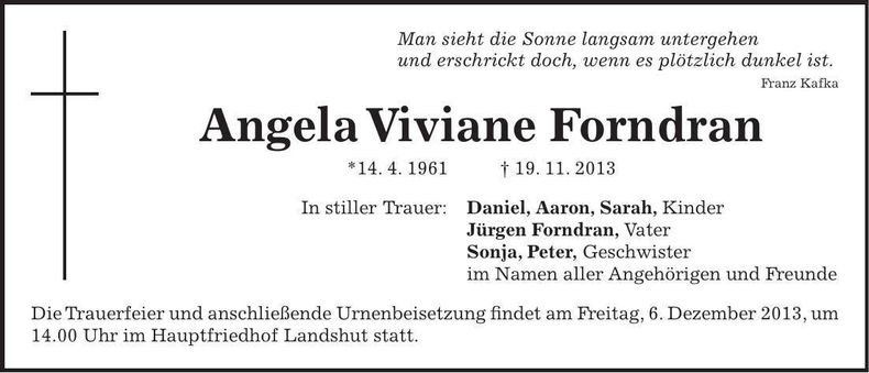 Traueranzeige Angela Viviane Forndran