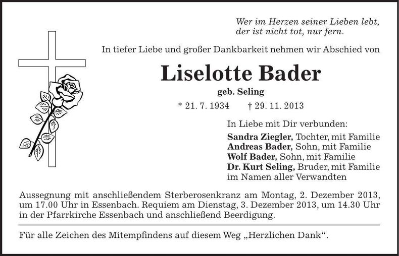Traueranzeige Liselotte Bader