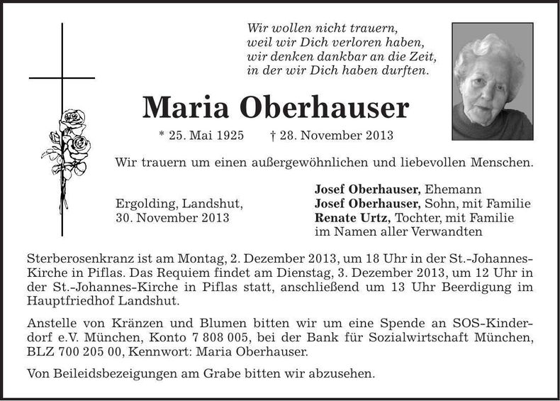Traueranzeige Maria Oberhauser