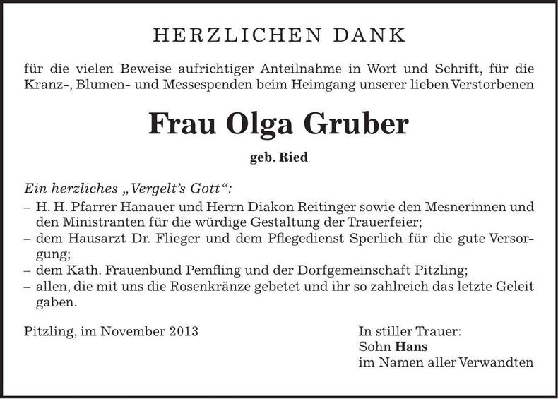 Traueranzeige Olga Gruber