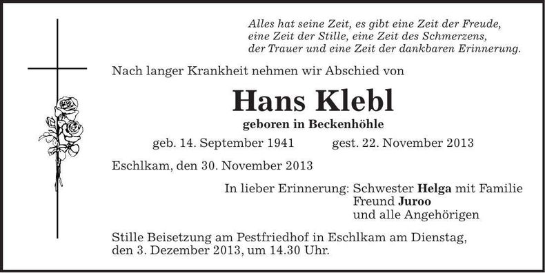 Traueranzeige Hans Klebl