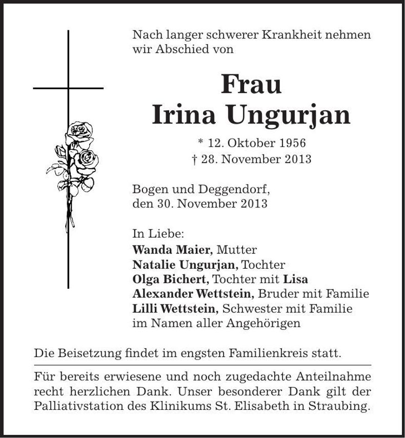 Traueranzeige Irina Ungurjan