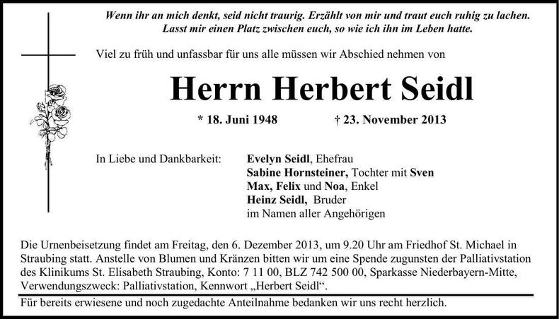 Traueranzeige Herbert Seidl