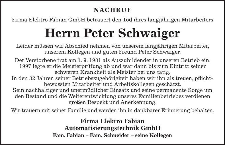 Traueranzeige Peter Schwaiger