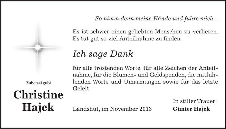 Traueranzeige Christine Hajek