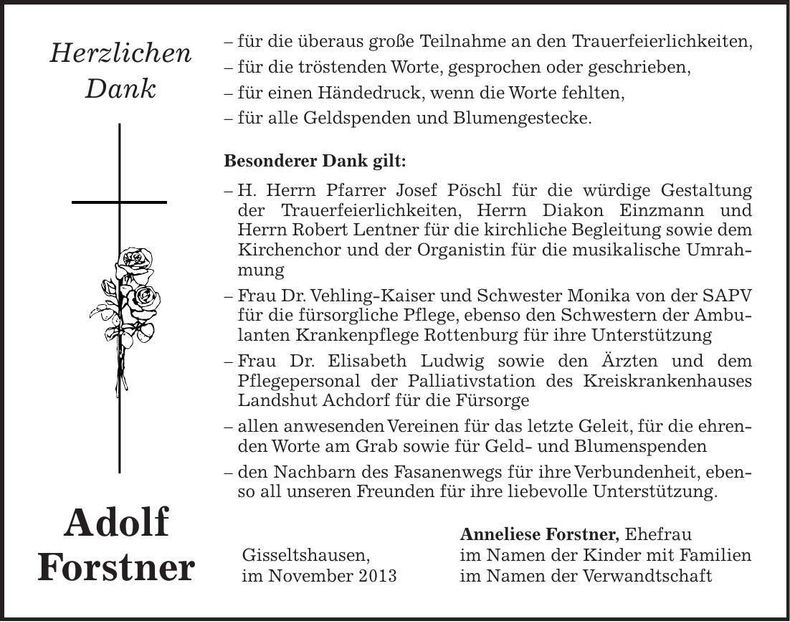 Traueranzeige Adolf Forstner
