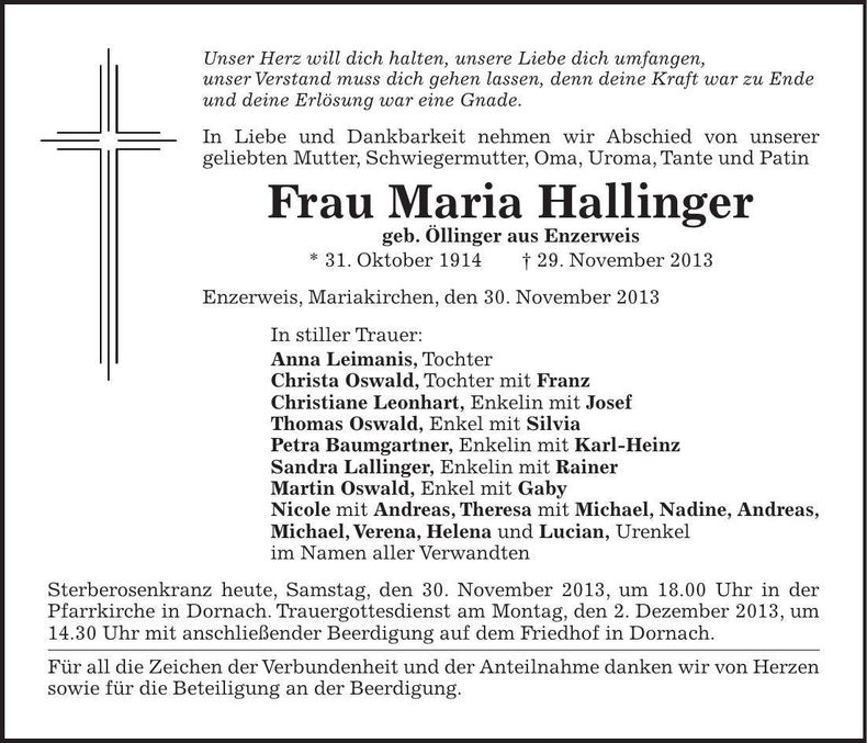 Traueranzeige Maria Hallinger