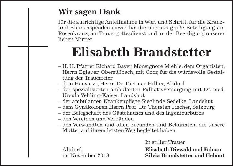 Traueranzeige Elisabeth Brandstetter