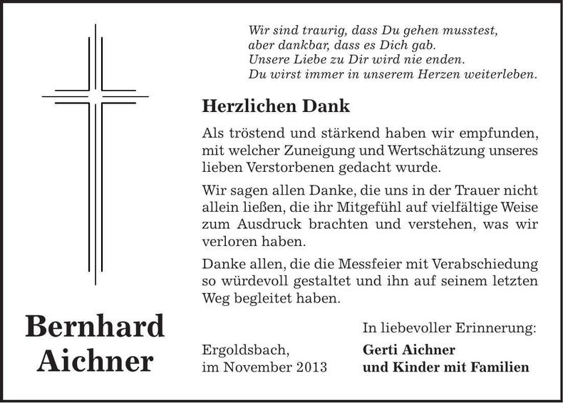 Traueranzeige Bernhard Aichner