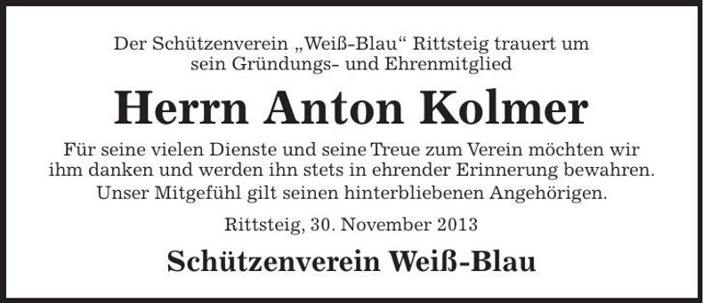 Traueranzeige Anton Kolmer