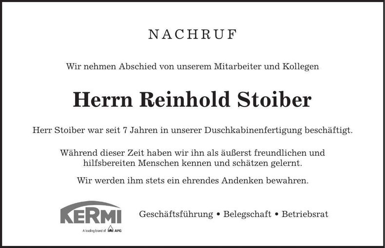 Traueranzeige Reinhold Stoiber