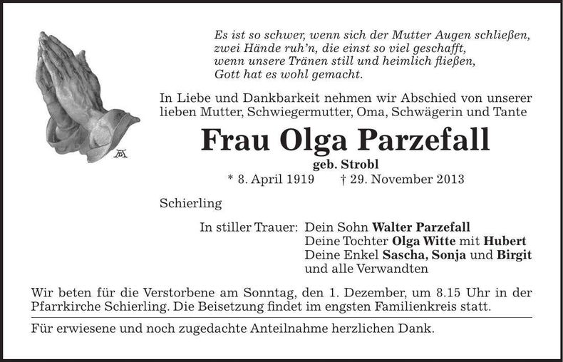 Traueranzeige Olga Parzefall