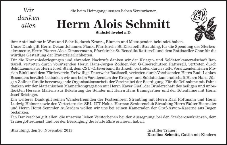 Traueranzeige Alois Schmitt