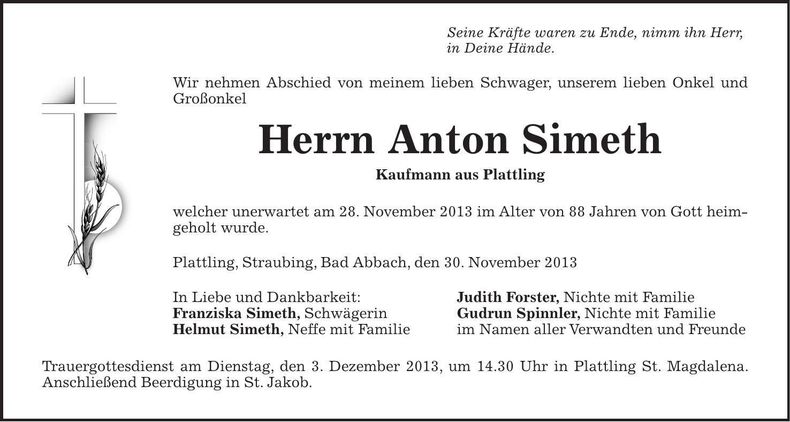 Traueranzeige Anton Simeth