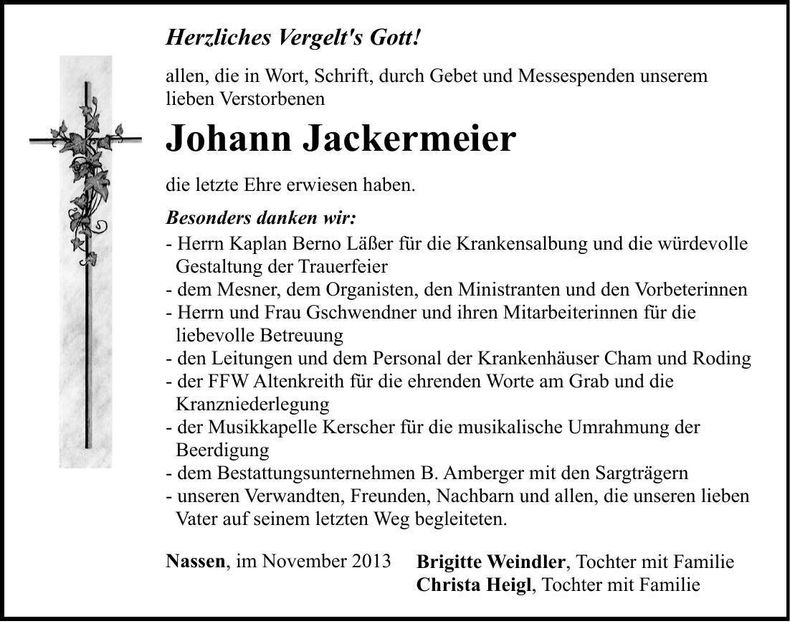 Traueranzeige Johann Jackermeier