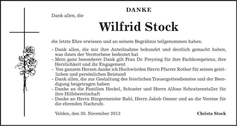 Traueranzeige Wilfrid Stock