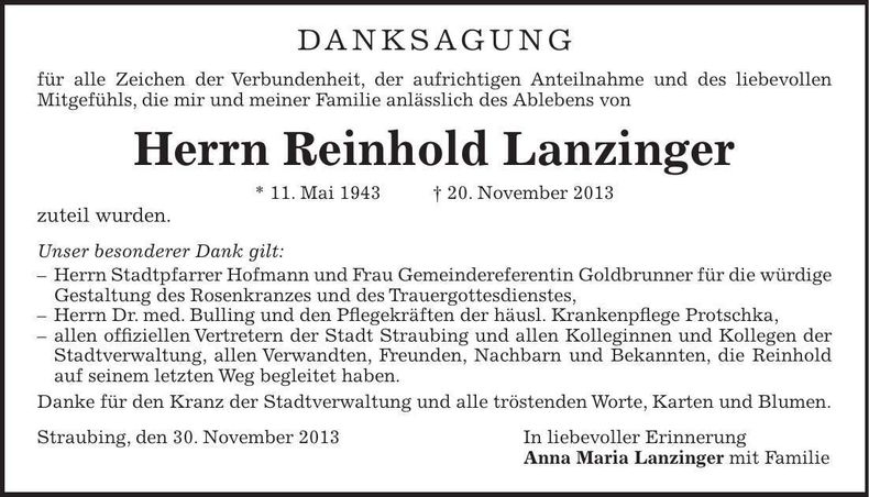 Traueranzeige Reinhold Lanzinger