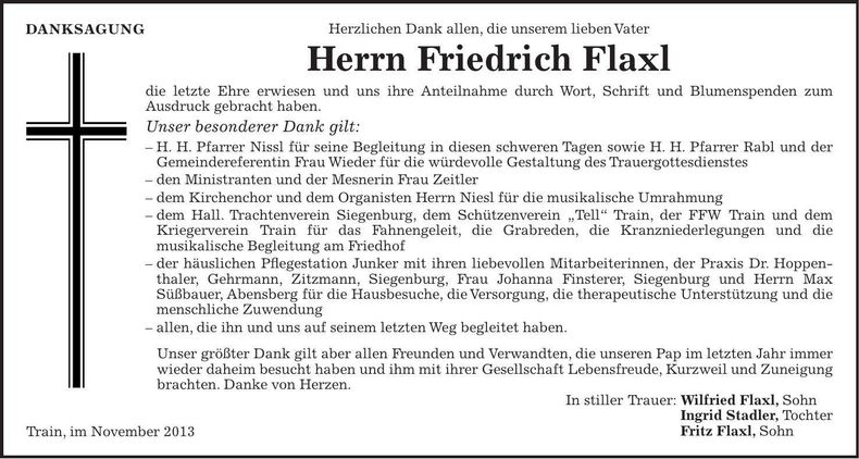 Traueranzeige Friedrich Flaxl