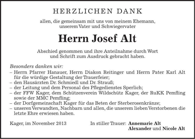 Traueranzeige Josef Alt