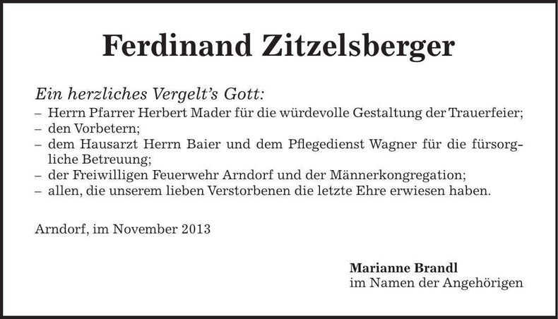 Traueranzeige Ferdinand Zitzelsberger