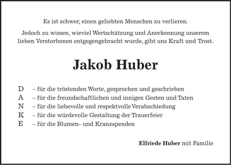 Traueranzeige Jakob Huber