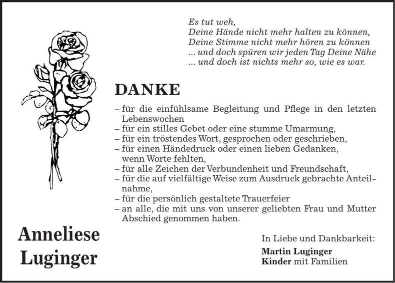 Traueranzeige Anneliese Luginger