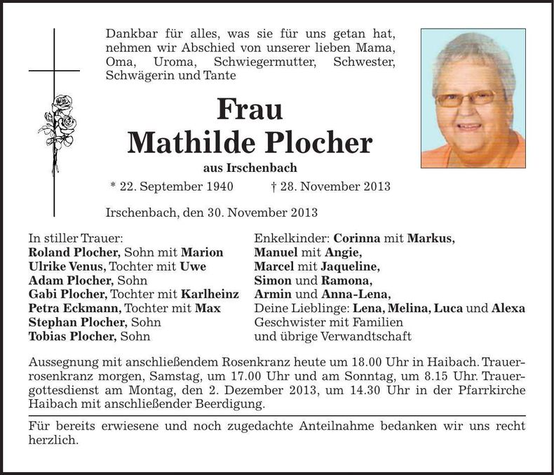 Traueranzeige Mathilde Plocher