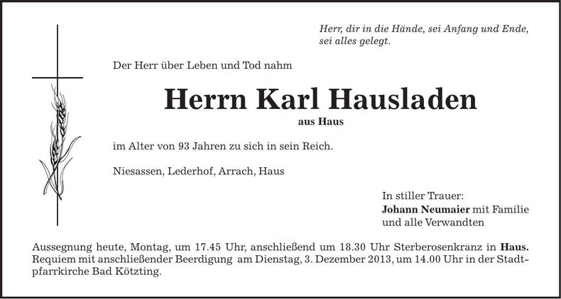 Traueranzeige Karl Hausladen