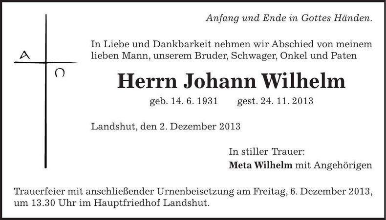 Traueranzeige Johann Wilhelm