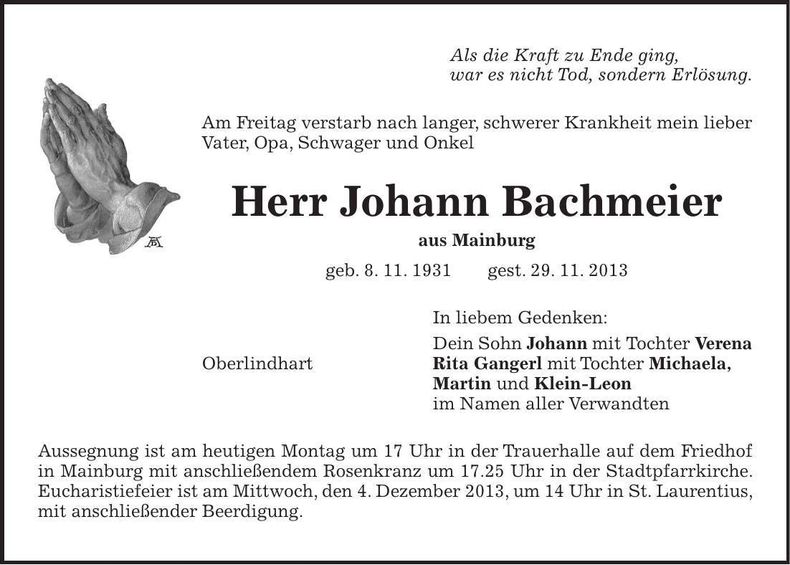 Traueranzeige Johann Bachmeier