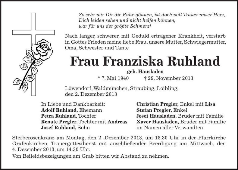 Traueranzeige Franziska Ruhland