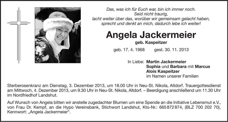 Traueranzeige Angela Jackermeier