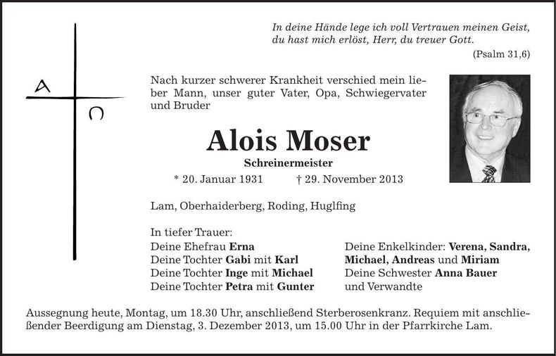 Traueranzeige Alois Moser