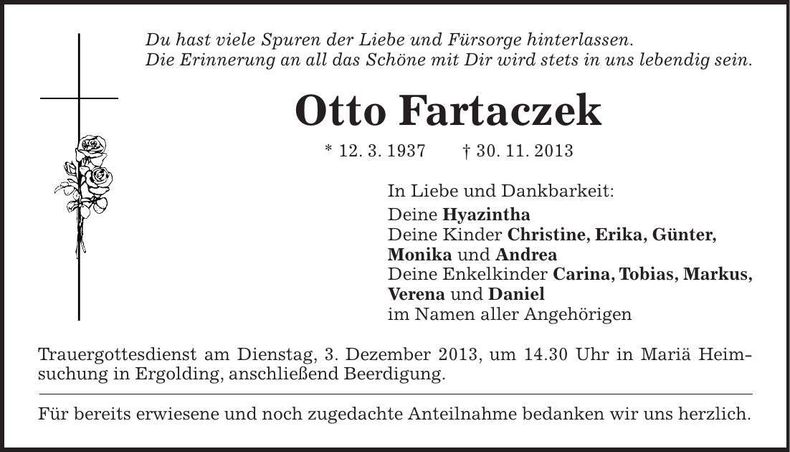 Traueranzeige Otto Fartaczek