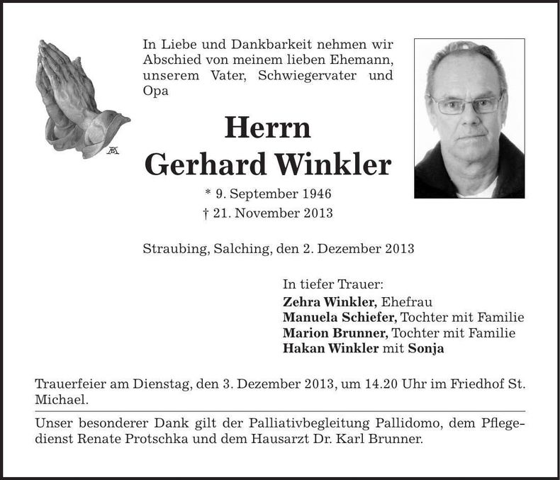 Traueranzeige Gerhard Winkler