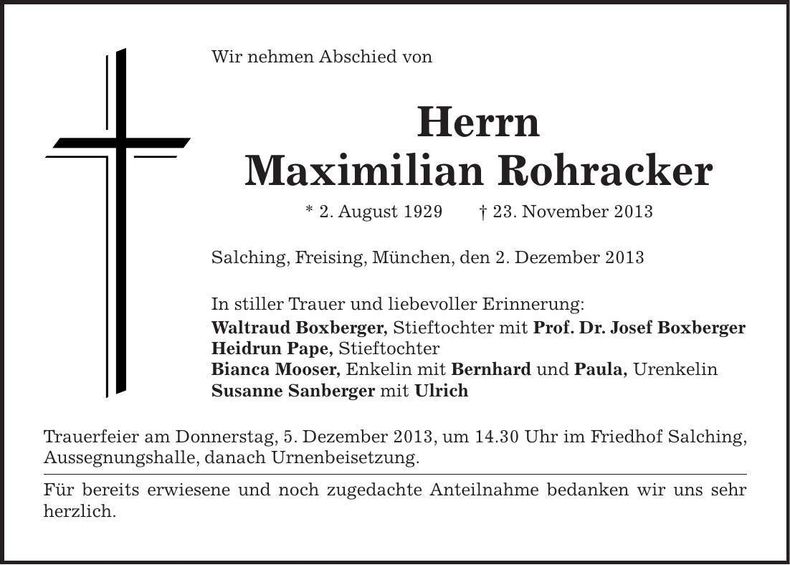 Traueranzeige Maximilian Rohracker