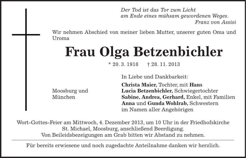 Traueranzeige Olga Betzenbichler