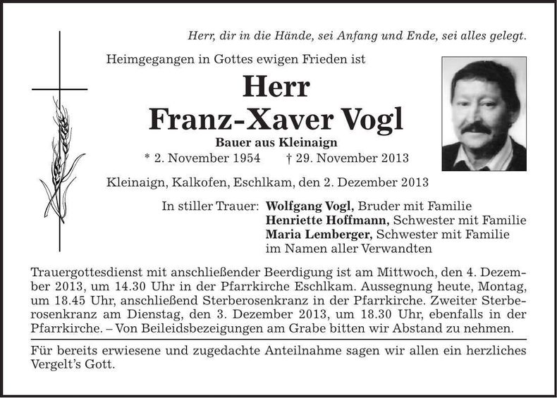 Traueranzeige Franz-Xaver Vogl