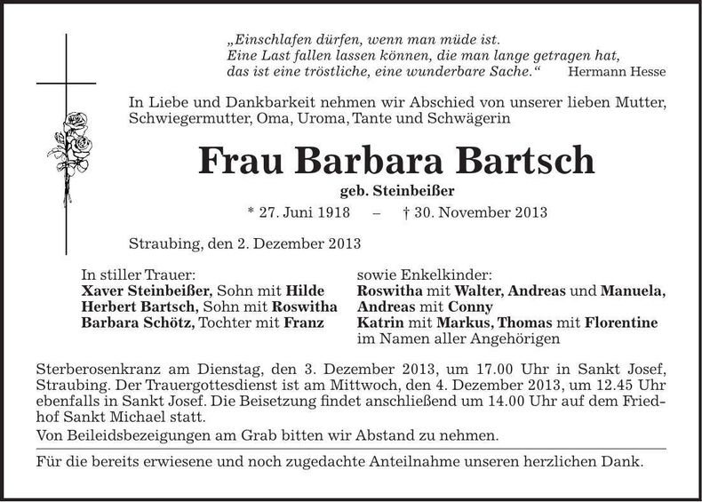 Traueranzeige Barbara Bartsch