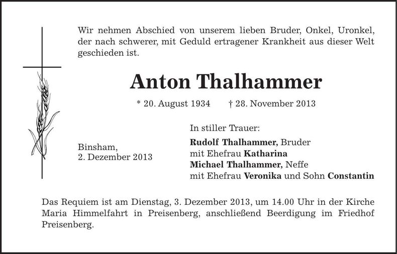 Traueranzeige Anton Thalhammer