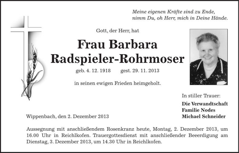 Traueranzeige Barabara Radspieler-Rohrmoser
