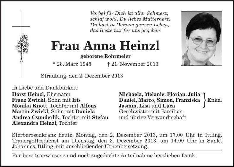 Traueranzeige Anna Heinzl