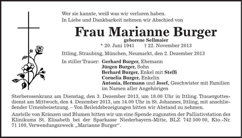 Traueranzeige Marianne Burger